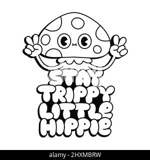 Lustige psychedelische Amanita-Pilze zeigen ein Friedensgestenzeichen. Stay tripy Little Hippie Slogan.Vektor-Linie Kunstseite zum Ausmalen.Magic 70s tripy Pilzdruck auf Poster, T-Shirt Stock Vektor