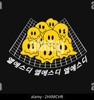 Deformierte Flex verzerrtes Raster, psychedelisch lächelndes Gesicht schmelzen. Koreanisches Zitat (LSD). Vektor Grafik Illustration. Psychedelisches Gitter, trippy Säure Gesicht, lsd-Druck für T-Shirt, Poster Illustration Konzept Stock Vektor
