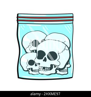 Totenköpfe im Kunststoff-Reißverschluss-Beuteldruck für das T-Shirt-Konzept. Vektor Hand gezeichnete Doodle Linie Cartoon Illustration. Schädel, Drogendruck für T-Shirt, Poster, Aufkleber, Cover, Badge-Konzept Stock Vektor