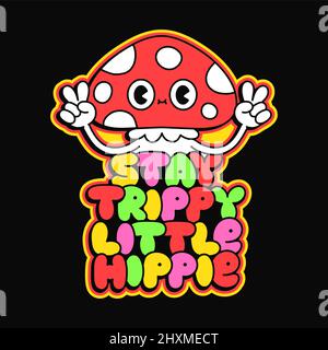 Lustige psychedelische Amanita-Pilze zeigen ein Friedensgestenzeichen. Stay tripy Little Hippie Slogan.Vektor Doodle Linie Cartoon kawaii Charakter Illustration.Magic 70s tripy Pilz-Druck auf Poster, T-Shirt Stock Vektor