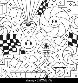 Tripy psychedelische Geometrie Färbung Seite nahtlose Muster.Vektor verrückt Cartoon Charakter Illustration.Smile groovy Gesichter, Säure, tripy, Zellen nahtlose Muster Tapete, Färbung Buch drucken Konzept Stock Vektor
