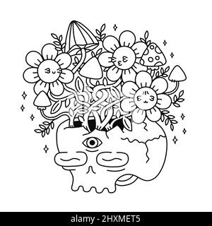 Totenkopf mit Mahagoni-Pilzen-T-Shirt-Print. Vektor-Linie Kunst Seite für Malbuch. Trippiger Schädel, magische Pilze wachsen, psychedelischer Druck für T-Shirt, Poster, Aufkleber, Logo-Konzept Stock Vektor