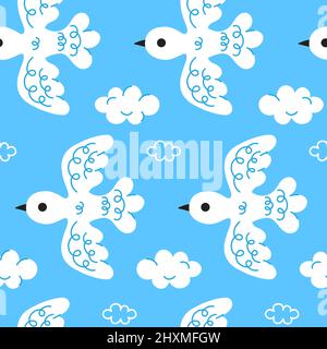 Niedliche weiße Vögel auf blauem Hintergrund nahtlose pattern.Vector Cartoon Hand gezeichnet Stil Charakter Illustration Design.Vintage fliegen Vögel auf blauem Himmel, weiße Wolken nahtlose Muster, Tapete-Konzept Stock Vektor