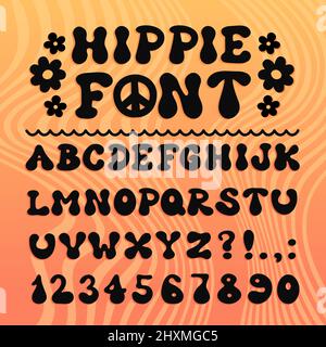 Hippie 60s,70s psychodelische Schriftart im Cartoon-Stil. Vektor-Doodle Illustration Buchstaben. Trendy Alphabet, Cartoon groovy Hippie Comic abc, 60s, 70s, funky Konzept Stock Vektor