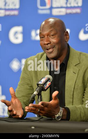 Michael Jordan nimmt an einer Pressekonferenz Teil Stockfoto