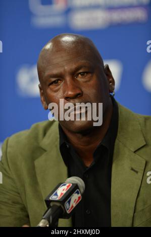 Michael Jordan nimmt an einer Pressekonferenz Teil Stockfoto