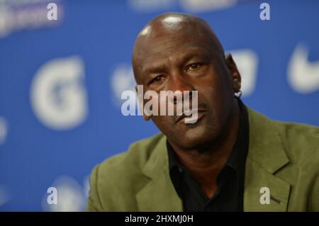 Michael Jordan nimmt an einer Pressekonferenz Teil Stockfoto