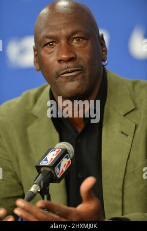 Michael Jordan nimmt an einer Pressekonferenz Teil Stockfoto