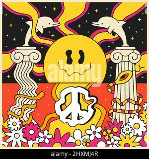 60s Stil psychedelische Kunst.Vektor-Doodle handgezeichnete Linie grafische Illustration. Tripy Sun,Flowers,60s,70s Illustrationskonzept Stock Vektor