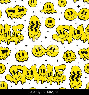 Lustige Schmelze Warp Lächeln Gesichter, psychedelische Emoji nahtlose pattern.Vector cool Cartoon Charakter illustrationSmile Gesichter Grafik, schmelzen, Säure, Drogen, 60s, 70s, 90s tripy nahtlose Muster Tapete Druckkunst Stock Vektor
