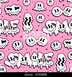 Lustige Schmelze Warp Lächeln Gesichter, psychedelische Emoji nahtlose pattern.Vector cool Cartoon Charakter illustrationSmile Gesichter Grafik, schmelzen, Säure, Drogen, 60s, 70s, 90s tripy nahtlose Muster Tapete Druckkunst Stock Vektor