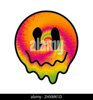 Lustige Krawatte Farbstoff psychedelisch surreal schmelzen Lächeln Gesicht.Vektor tiedye Cartoon Figur Illustration Logo.Smile gelb groovy Gesicht Krawatte Farbstoff schmelzen, Säure, Techno, tripy Druck für T-Shirt, Poster, Kartenkonzept Stock Vektor