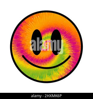 Lustige Krawatte Farbstoff psychedelisch surreal Lächeln Gesicht.Vektor tiedye Cartoon Figur Illustration Logo.Smile gelb groovy Gesicht Krawatte Farbstoff schmelzen, Säure, Techno, tripy Druck für T-Shirt, Poster, Kartenkonzept Stock Vektor