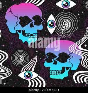 Deformierte Flex verzerrt Raster im Raum, Sterne, schmelzen psychedelischen Schädel nahtlose Muster.Vektor Grafik Illustration.Psychedelische Gitter, Verzerrung, Techno, Säure trippy Schädel nahtlose Musterdruck Stock Vektor