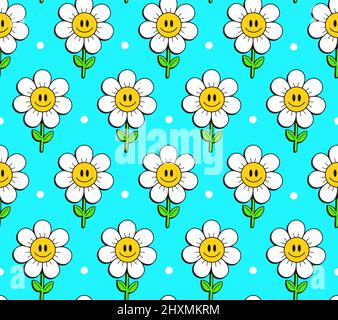 Nette lustige kawaii Lächeln Gesicht Blumen auf blauem Hintergrund nahtlose Muster.Vektor Cartoon kawaii Charakter Illustration Design.positive vintage Lächeln Gesicht, Kamille Blume nahtlose Muster Konzept Stock Vektor