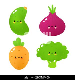 Niedliche lustige Gemüse-Set-Sammlung. Vektor Cartoon kawaii Figur Illustration Symbol. Karotte, Gurke, Zwiebel, Brokkoli Gemüse Cartoon Charakter Maskottchen Logo Konzept. Isoliert auf weißem Hintergrund Stock Vektor