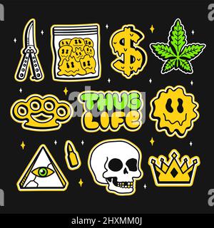 Thug Leben, Street Graffiti Stil Mode Sticker Pack. Vektor Hand gezeichnete Doodle Cartoon Linie Illustration. Street Graffiti Stil, Unkraut, Marihuana, Messer, Drogen, Schädel Aufkleber Verpackung Konzept Stock Vektor