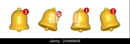 3D Gelbe Klingelglocke mit neuer Benachrichtigung für Social-Media-Erinnerung wiedergeben. Stock Vektor