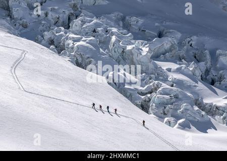 Fünf Skifahrer, die eine Strecke entlang des Periades-Gletschers in Richtung der Periades-Berggipfel oberhalb des Vallee Blanche mit zahlreichen Seracs aufsteigen Stockfoto