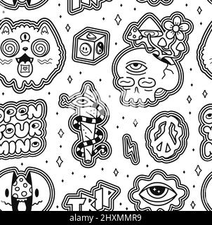 Lustige verrückte psychedelisch nahtlose Muster. Vektor Cartoon Illustration Wallpaper Hintergrund-Design. Psychedelisch, lsd-Säure, magische Pilze drucken für nahtlose Muster, Seite für Malbuch Konzept Stock Vektor