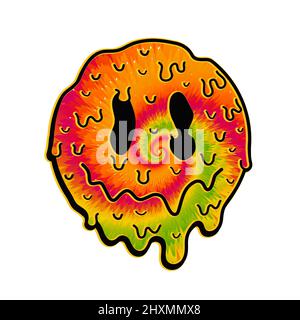 Lustige Krawatte Farbstoff psychedelisch surreal schmelzen Lächeln Gesicht.Vektor tiedye Cartoon Figur Illustration Logo.Smile gelb groovy Gesicht Krawatte Farbstoff schmelzen, Säure, Techno, tripy Druck für T-Shirt, Poster, Kartenkonzept Stock Vektor