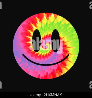 Lustige glücklich Krawatte Farbstoff psychedelisch surreal Lächeln Gesicht.Vektor tiedye Cartoon Figur Illustration Logo.Smile gelb groovy Gesicht Krawatte Farbstoff, Säure, Techno, tripy Druck für T-Shirt, Poster, Karte, Logo-Konzept Stock Vektor