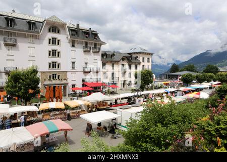 Marché. Saint-Gervais-les-Bains. Haute-Savoie. Auvergne-Rhône-Alpes. Frankreich Stockfoto