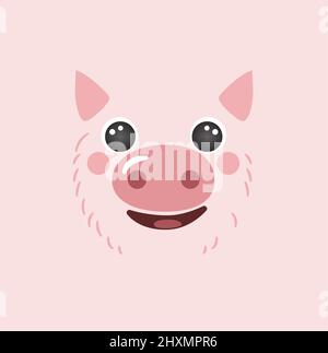 Niedliches Schwein Porträt Quadrat Lächeln Kopf Cartoon runde Form rosa Avatar Maskottchen Tier Gesicht, isoliert Vektor-Symbol Illustration. Flaches, einfaches handgezeichnetes Poster für Kinder, UI-App, T-Shirts, Babykleidung Stock Vektor