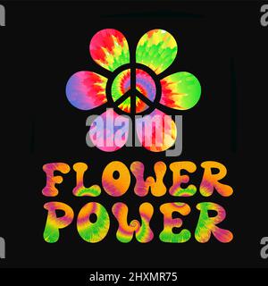 Zitat „Flower Power“. Krawatte Farbstoff psychedelisch surreal font.Vector tiedye Illustration Logo.Flower Power Slogan Text.60s, 70s, groovig, Krawatte Farbstoff psychedelisch, tripy Druck für T-Shirt, Poster, Aufkleber Konzept Stock Vektor