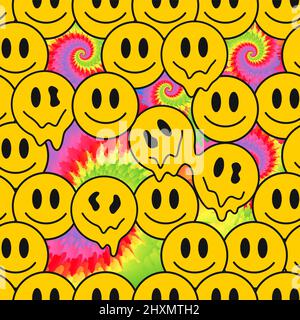 Lustige verrückte Schmelze Lächeln Gesichter, Krawatte Farbstoff nahtlose Muster.Vektor Krawatte Farbstoff verrückt Cartoon Charakter Illustration.Smile Hippie Gesichter, 60s schmelzende Säure, tripy, Tiedye nahtlose Muster Tapete Druckkonzept Stock Vektor