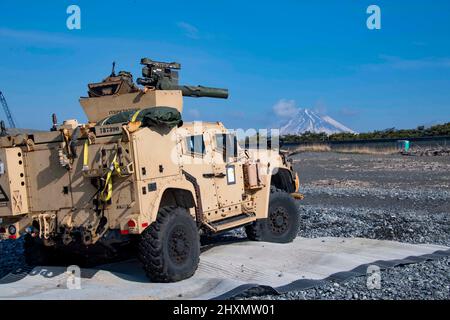 NUMAZU BEACH, Japan (9. März 2022) Marineinfanteristen, die der Marine Expeditionary Unit (MEU) von 31. zugewiesen wurden, entlasten Fahrzeuge eines Landungsschiffes, das während einer Strandlandeübung mit dem nach vorne eingesetzten Amphibiendock-Landungsschiff USS Ashland (LSD 48) eingesetzt wird. Ashland, Teil der America Amphibious Ready Group, arbeitet zusammen mit der 31. MEU im Verantwortungsbereich der US-Flotte von 7., um die Interoperabilität mit Verbündeten und Partnern zu verbessern und dient als einsatzbereite Einsatztruppe zur Verteidigung von Frieden und Stabilität in der Indo-Pazifik-Region. (USA Navy Foto von Mass Communication Specialist 2. Klasse Micha Stockfoto