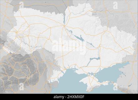 Karte von Osteuropa, der Ukraine und den Nachbarstaaten, Satellitenansicht, Seiten und Fraktionen. Alliierte Staaten. Hauptstraßen und Stadtzentren. Kriegsplan Stockfoto