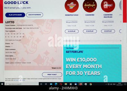 Online Lotto-Lotto-Ticket, britische nationale Lotterie Stockfoto