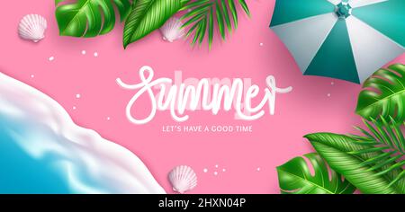 Sommer Vektor Hintergrund Design. Sommer Typografie Text in rosa Sand Küste mit tropischen Blättern und Regenschirm-Elemente für Entspannung und genießen Saison. Stock Vektor
