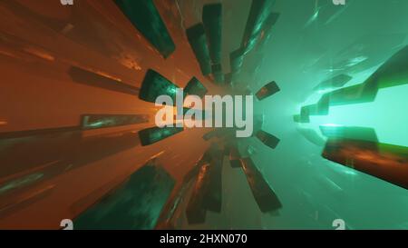 Abstrakt Cinematic Cyberspace Tunnel Machine Space Sci-Fi Gelb Grün Licht 3D Render Loop Stockfoto