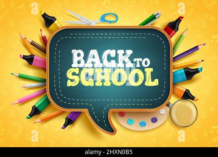 Zurück zur Schule Vektor-Konzept-Design. Zurück zur Schule Text in Sprechblase Kreidetafel mit Kreativitätselementen aus Marker und Bleistift für die Bildung. Stock Vektor