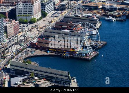 Seattle, Washington City Scape Helikopter-Riesenrad Stockfoto