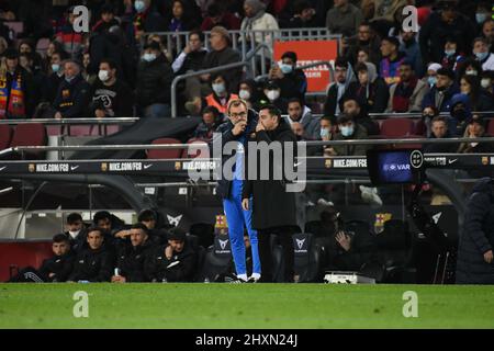 Barcelona, Barcelona, Spanien, Spanien. 13. März 2022. BARCELONA, SPANIEN - 13. MÄRZ: Trainer Xavi während des La Liga Spiels zwischen Barcelona und Osasuna im Camp Nou Stadion am 13. März 2022 in Barcelona, Spanien. (Bild: © Sara Arib/PX Imagens via ZUMA Press Wire) Stockfoto