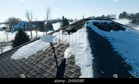 Eine SpaceX Starlink Satellitenschüssel, die auf dem Dach des Hauses montiert ist, teilweise schneebedeckt und an einem sonnigen Winternachmittag gesehen. Stockfoto