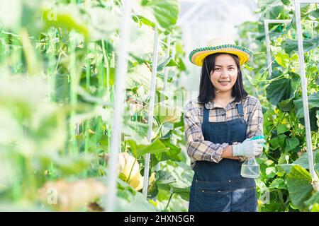 Glückliche junge Frau Landwirt steht Arme gekreuzt und lächelt im Garten Gewächshaus Pflanzen, Melone Garten Bauernhof, Obst Garten Bio-Konzept Stockfoto