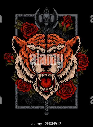 Illustration Tiger Kopf mit Rose & Axt Waffe Stock Vektor