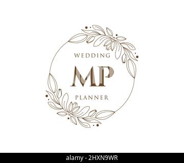 MP Initials Letter Hochzeit Monogram Logos Kollektion, handgezeichnete moderne minimalistische und florale Vorlagen für Einladungskarten, Save the Date, elegant Stock Vektor