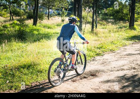 Mann auf dem Rücken, der an einem sonnigen Morgen mit dem Mountainbike in einem Wald unterwegs ist Stockfoto