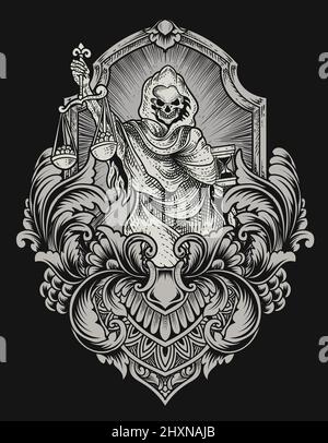 Illustration Gerechtigkeit Todesengel mit Vintage Gravur Ornament Stock Vektor
