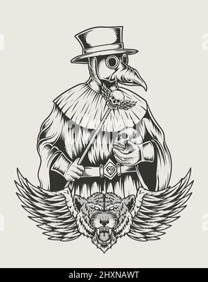 Illustration Plague Doctor monochromer Stil Stock Vektor