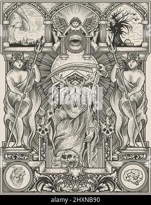 Illustration König satan auf Gothic Gravur Ornament Stil Stock Vektor