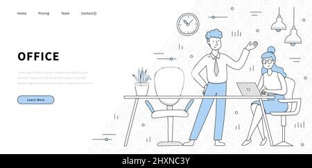 Bürobanner mit Menschen arbeiten im Raum mit Tisch, Lampen, Stühlen und Uhr zusammen. Vektor Landing Page von Workplace, Coworking oder Open Space Office mit Doodle Mitarbeiter am Schreibtisch mit Laptop Stock Vektor