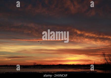 Sonnenuntergang am Loess Bluffs National Wildlife Refuge in Missouri, USA, in der Nähe von Mound City Stockfoto