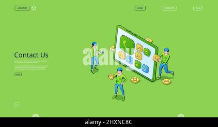 Kontaktieren Sie uns Banner mit Kundendienst, Online-Hilfe und Feedback. Vector Unternehmens-Landing-Page mit isometrischer Darstellung von Mitarbeitern und Tablet mit Anruf- und Chat-Symbolen Stock Vektor