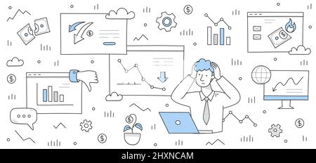 Finanzkrise, Wirtschaft Tropfen Doodle Geschäftskonzept. Schockiert Geschäftsmann Investor halten Kopf mit Stress aufgrund von Geldverlust, investieren Rezession, internationalen Zusammenbruch, Line Art Vektor Illustration Stock Vektor